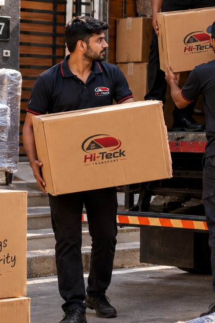 Hiteck Transport crew member carrying a sealed moving box