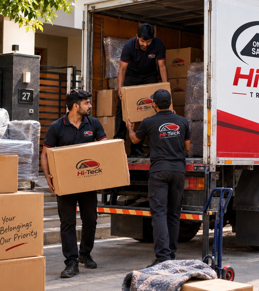Hiteck Transport crew handing off a packed box during a move