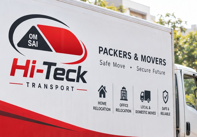 Hiteck Transport branded truck showing Packers and Movers, home and office relocation icons